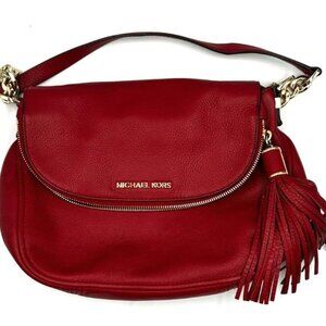 Michael Kors Red Leather Tassel Shoulder Bag Gold Tone Hobo Purse 11"x7" Approx